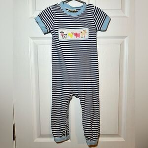 Busy Bee Smocks Short Sleeve Farm Animal Romper Toddler‎ Size 3t, Navy Striped